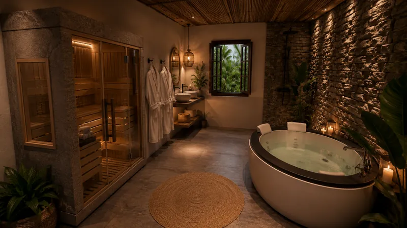 Image de synthèse : balnéo ronde, sauna et mur de pierre de la suite Bali