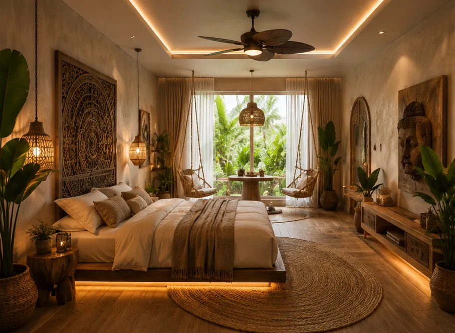 Image de synthèse : chambre Bali, lit king-size, tête de lit sculptée et coin suspendu