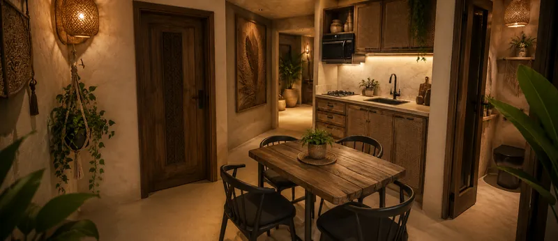 Image de synthèse : entrée et cuisine en bois brut de la suite Bali