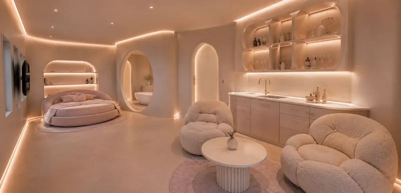 Image de synthèse : salon tout en courbes de la suite Bubble