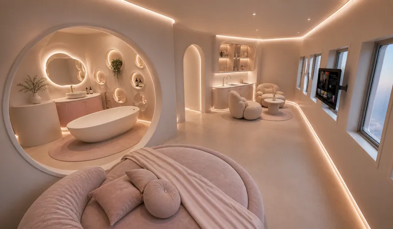 Image de synthèse : suite Bubble, lit rond, baignoire îlot derrière un hublot géant