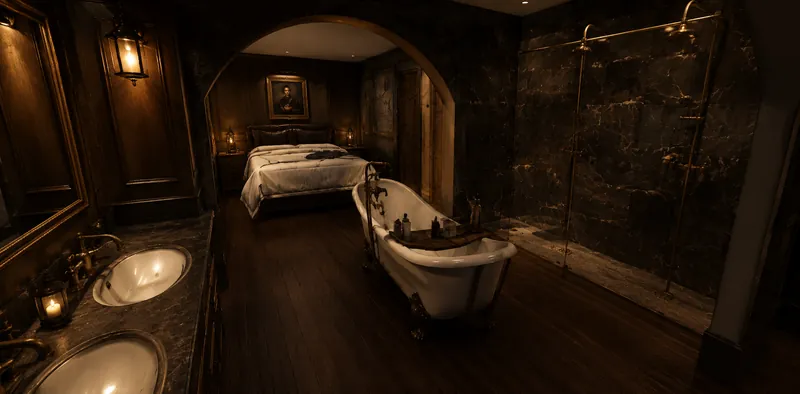 Image de synthèse : chambre sous voûte et baignoire sur pieds, suite Monte-Cristo