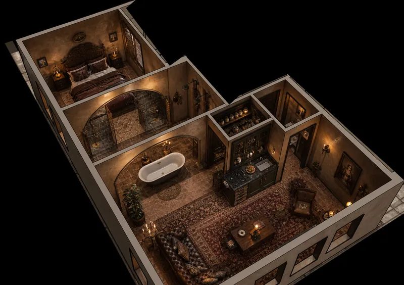 Vue 3D en plan de la suite Monte-Cristo