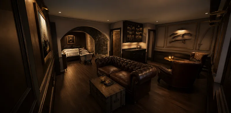Image de synthèse : salon Monte-Cristo, Chesterfield, malle et boiseries sombres