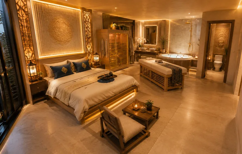 Image de synthèse : suite Orientale, lit bas, sauna, table de massage et balnéo