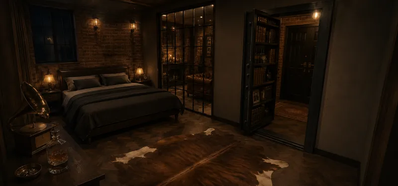 Image de synthèse : chambre en brique, verrière d'atelier et bibliothèque dérobée de la suite Peaky