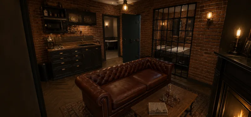 Image de synthèse : canapé Chesterfield, brique et verrière de la suite Peaky