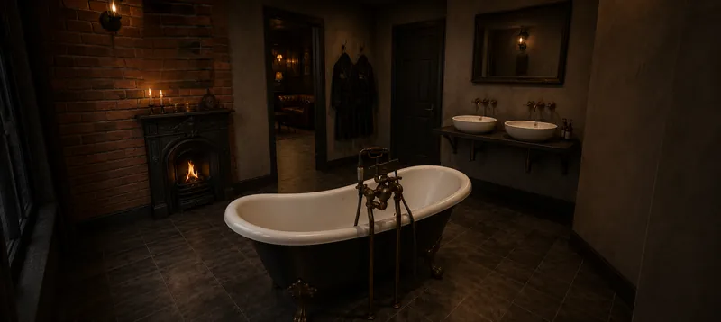 Image de synthèse : baignoire sur pieds devant la cheminée, suite Peaky